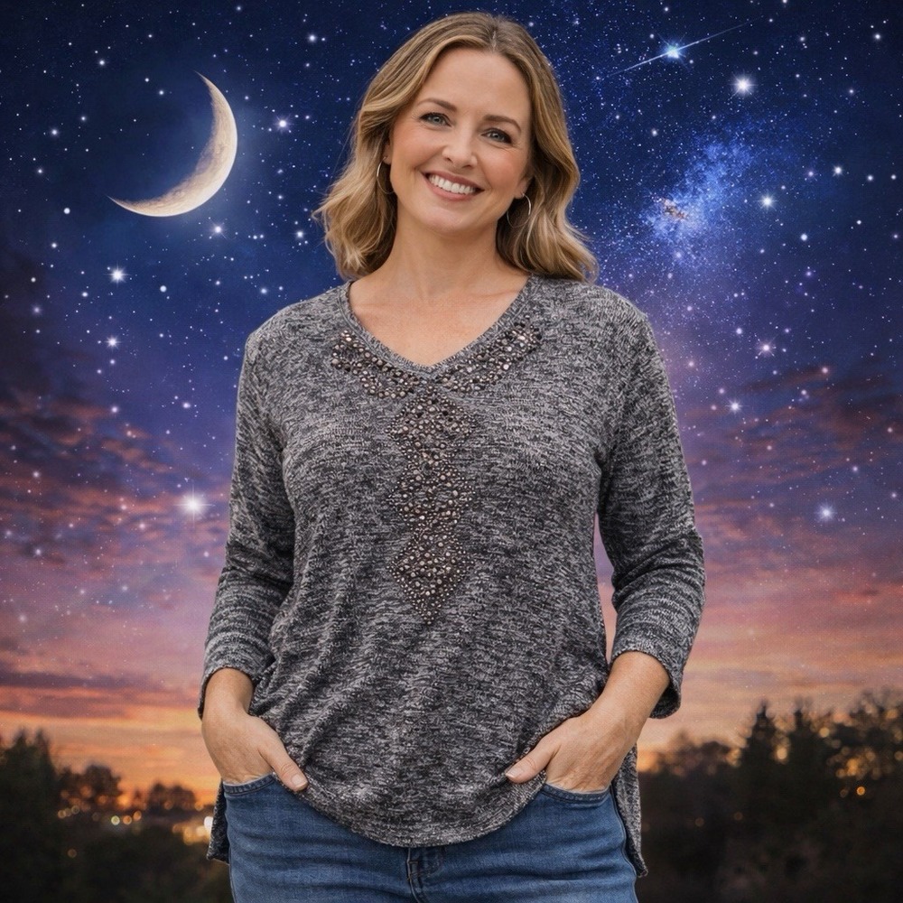 One World Embellished Tunic Women Large Gray Studded Stretch Hi-Low Hem Sweater